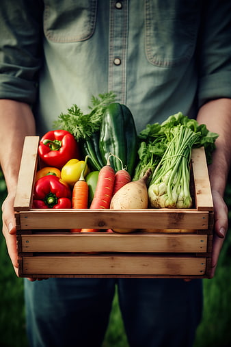 Farmer holding wooden crate of fresh organic vegetables