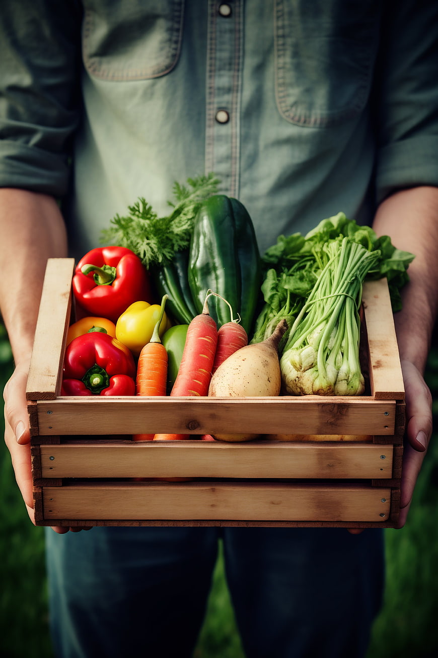 Farmer holding wooden crate of fresh organic vegetables