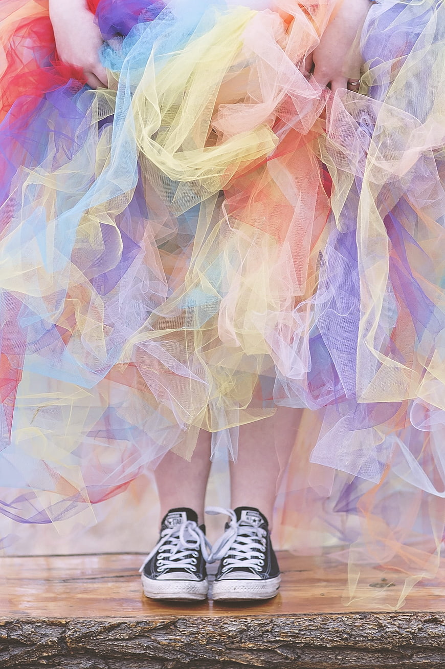 Colorful Rainbow Tulle Tutu Skirt with Black Sneakers