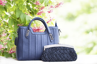 Blue Leather Handbag and Woven Clutch with Flowers