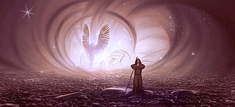 Mystical Monk Praying to Angel in Ethereal Light