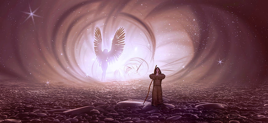 Mystical Monk Praying to Angel in Ethereal Light