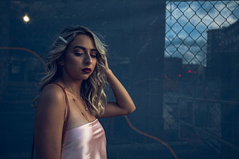 Moody Portrait of Blonde Woman in Pink Dress