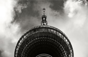 Black and white low angle view of TV tower architecture