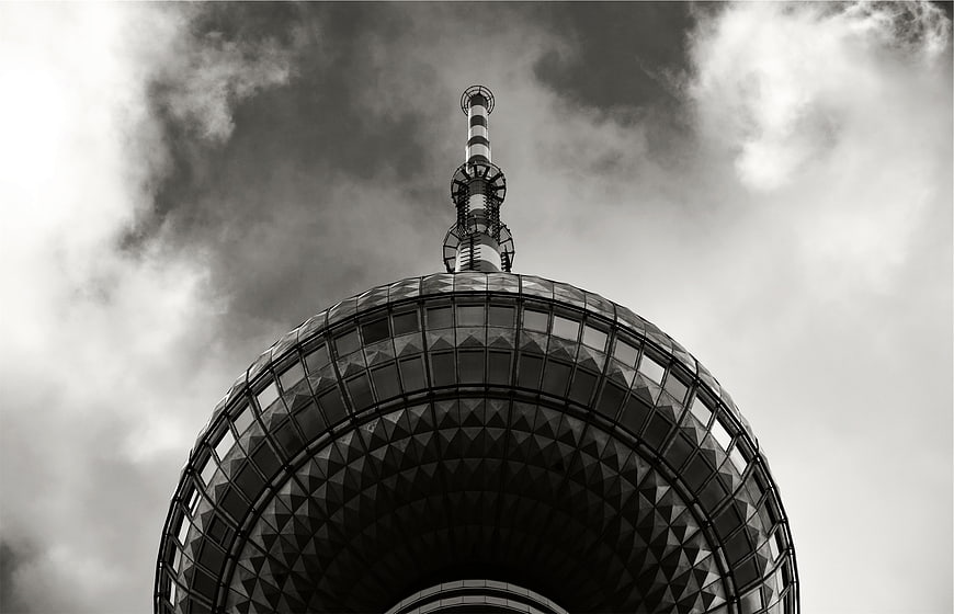 Black and white low angle view of TV tower architecture