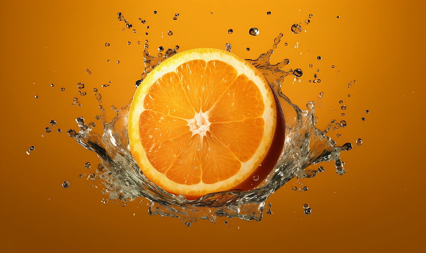 Fresh Sliced Orange with Water Splash on Orange Background