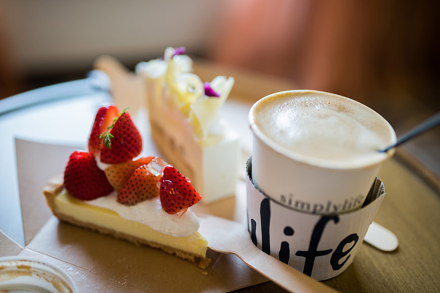 Strawberry Tart and Coffee in a Cafe