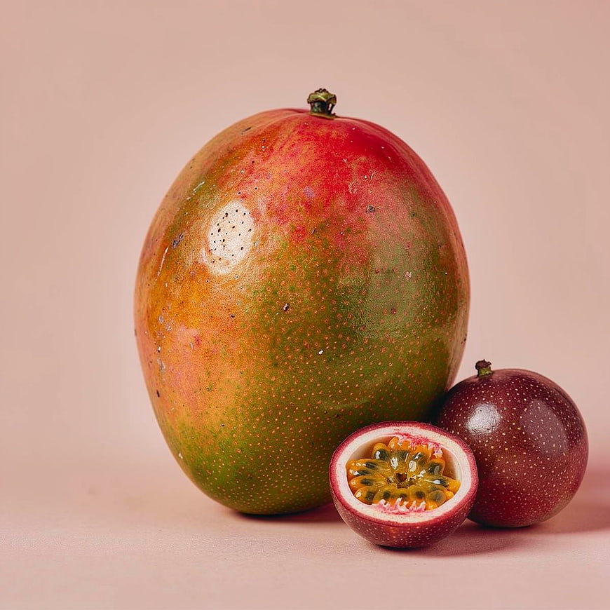 Fresh Mango and Passion Fruit on Pink Background