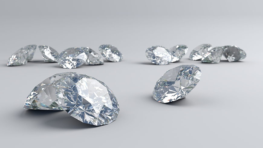 3D Rendered Diamonds on Gray Background