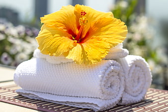 White Spa Towels with Yellow Hibiscus Flower on Bamboo Mat