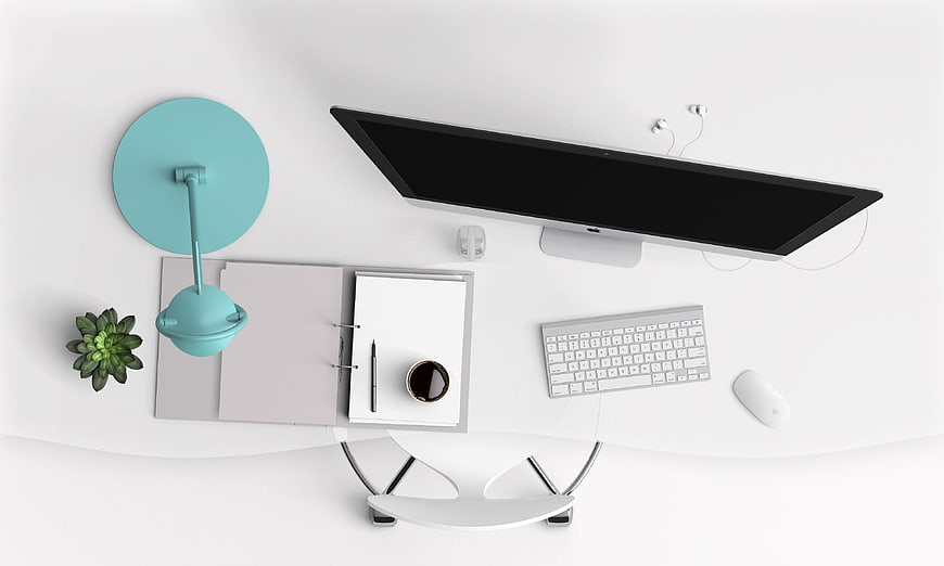 Top-Down View of Minimalist White Workspace with Computer and Teal Lamp