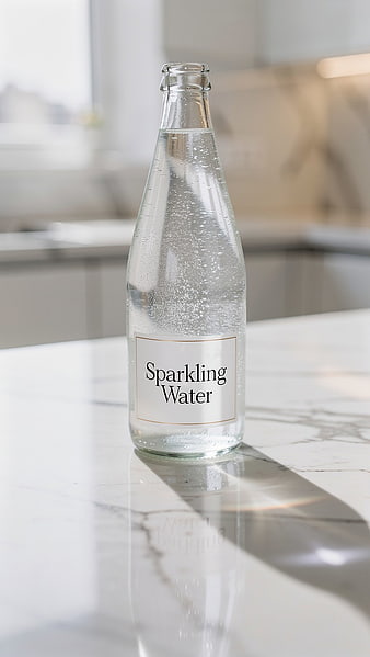 Glass Bottle of Sparkling Water on Marble Countertop