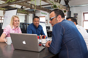 Diverse business team collaborating in modern office meeting