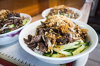 Close-up of Vietnamese Bun Bo Nam Bo beef noodle bowl
