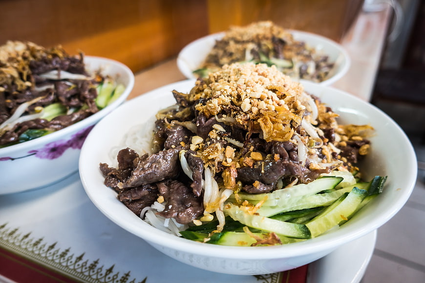 Close-up of Vietnamese Bun Bo Nam Bo beef noodle bowl