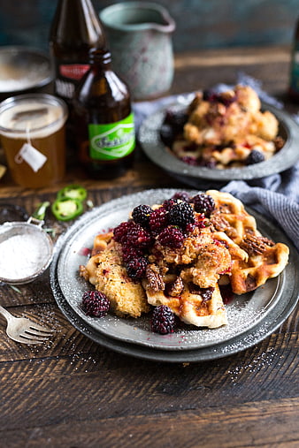 Rustic Waffles with Blackberries and Crumble on Wooden Table