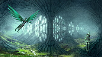 Fantasy fairy flying in mystical cathedral forest landscape