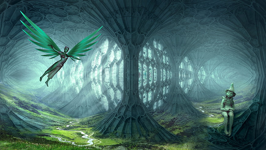 Fantasy fairy flying in mystical cathedral forest landscape