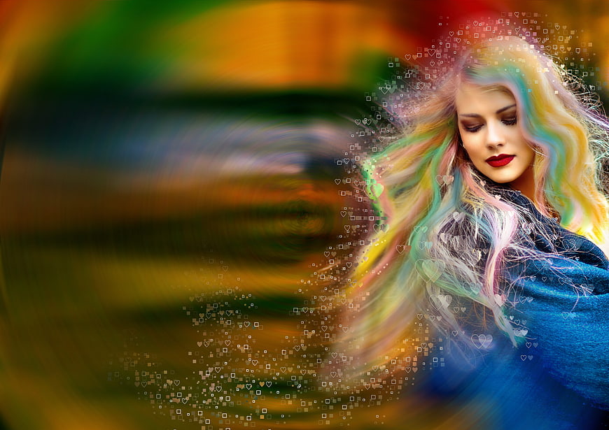 Woman with Rainbow Hair and Digital Heart Particles