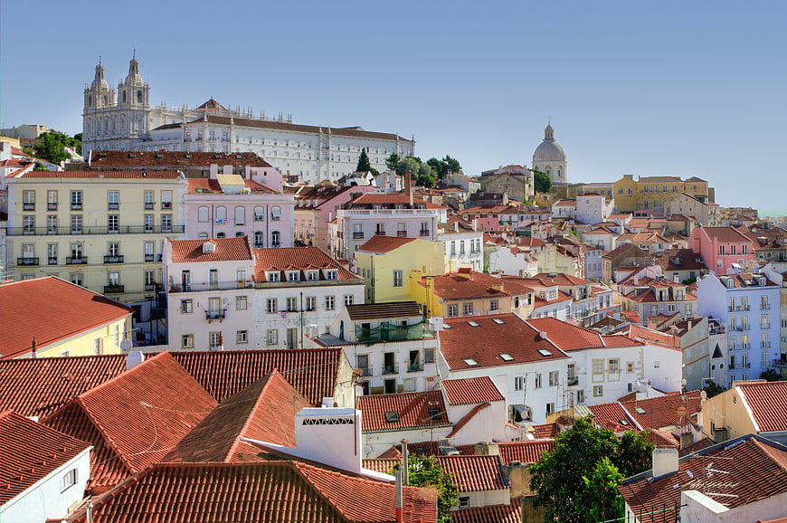 Colorful Alfama District Rooftops and Monastery in Lisbon