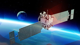 3D Satellite in Orbit with Blue Planet Background