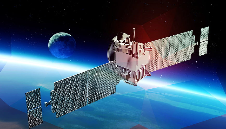 3D Satellite in Orbit with Blue Planet Background