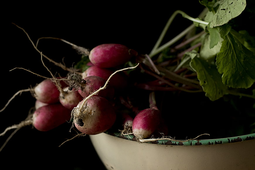 Fresh Harvested Radishes in Rustic Bowl on Black Background