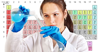 Female Scientist Pouring Blue Liquid in Lab with Periodic Table