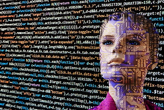 Double Exposure AI Woman with Circuit Board and Code