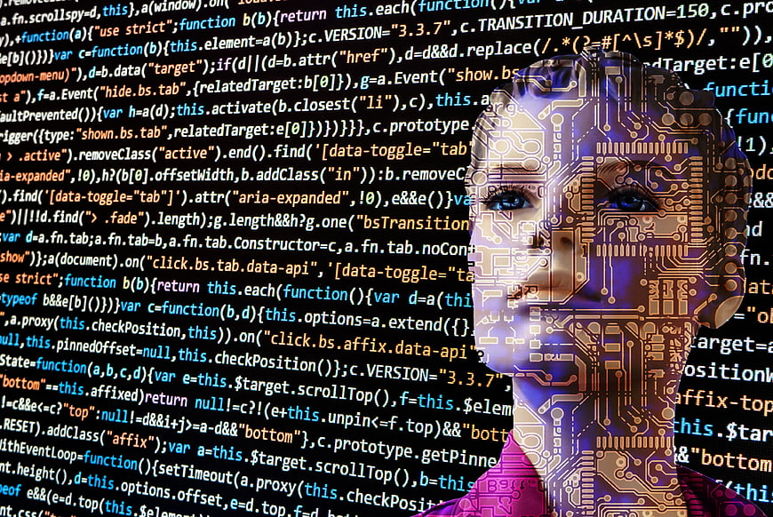 Double Exposure AI Woman with Circuit Board and Code