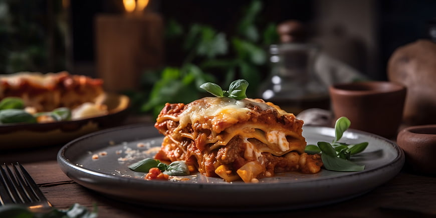 Close-up of homemade lasagna bolognese with melted cheese and basil