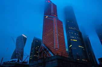 Low Angle View of Moscow City Skyscrapers in Fog