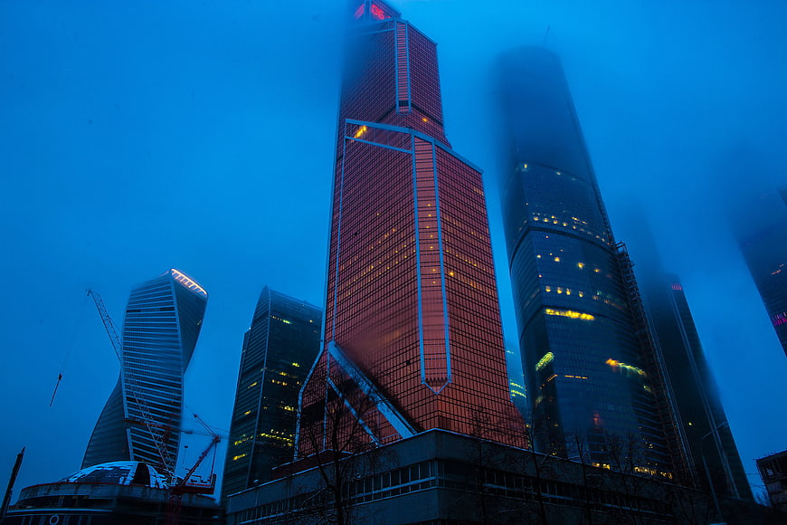 Low Angle View of Moscow City Skyscrapers in Fog