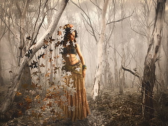 Mysterious woman in fantasy forest with floating leaves