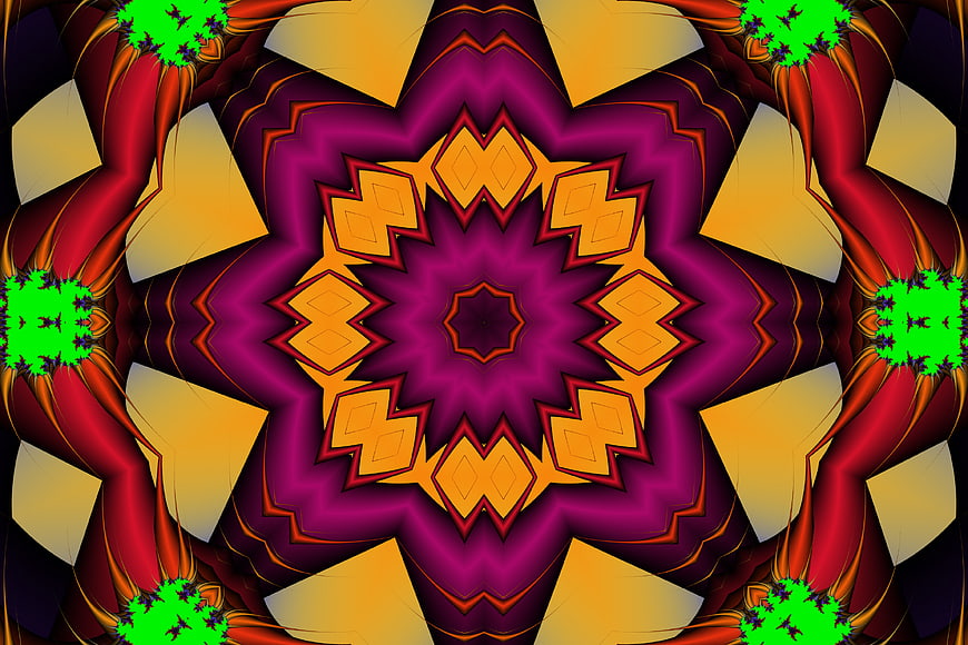 Abstract kaleidoscope pattern with vibrant purple and orange symmetry