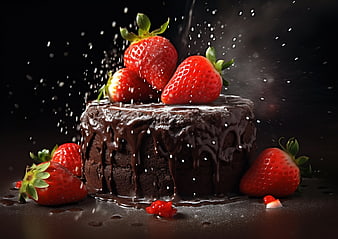 Chocolate Cake with Strawberries and Powdered Sugar Splash