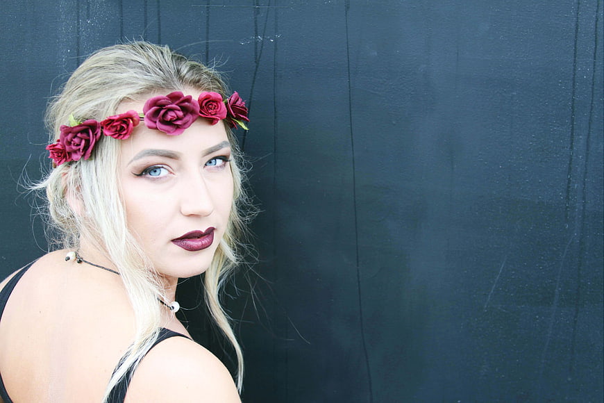Blonde Woman with Red Flower Crown Portrait