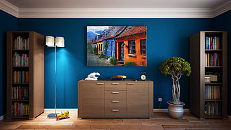 Modern Interior with Blue Walls and Wooden Furniture