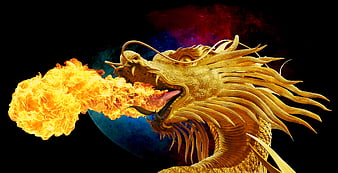 Golden Dragon Breathing Fire on Dark Background
