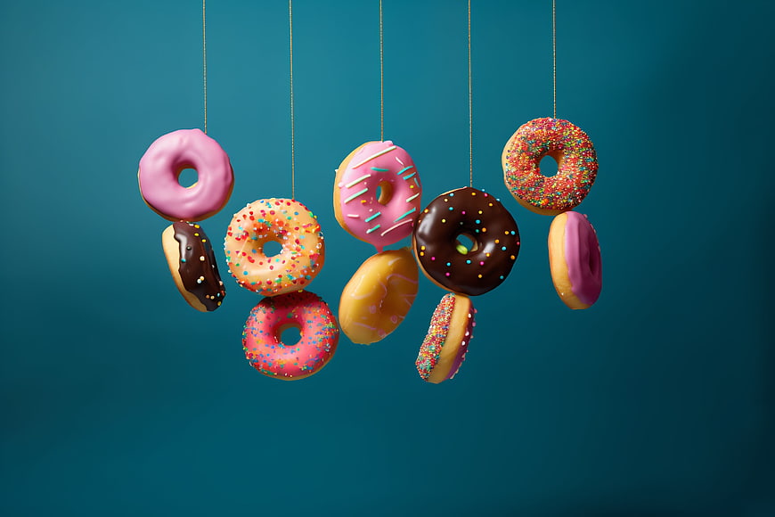 Colorful Glazed Donuts Hanging on Strings Against Teal Background