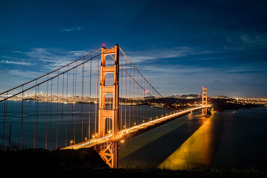 Golden Gate Bridge at Night with City Lights