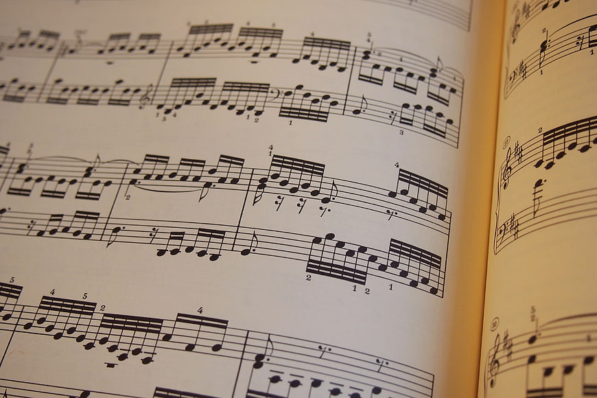 Close-up of open piano sheet music with classical notes