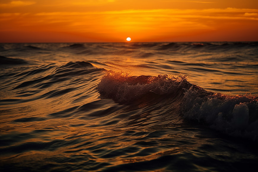 Golden Sunset Over Ocean Waves with Breaking Water