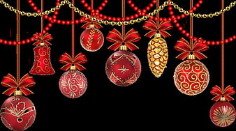 Red and Gold Christmas Ornaments Hanging on Black Background