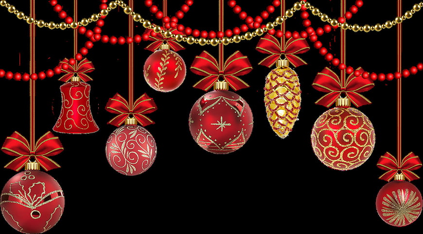 Red and Gold Christmas Ornaments Hanging on Black Background