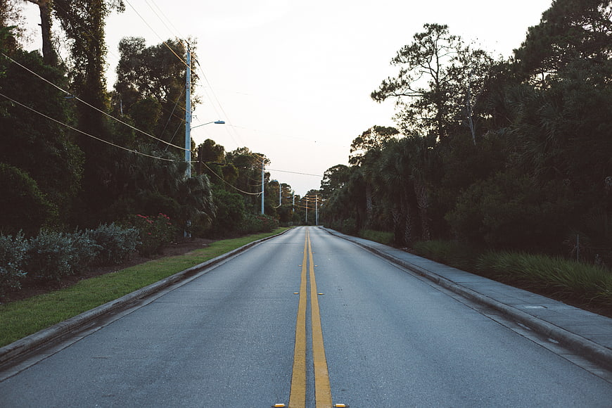 Empty suburban road with yellow lines and lush trees