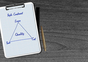 Triple Constraint Triangle Diagram on Clipboard with Pen and Ruler