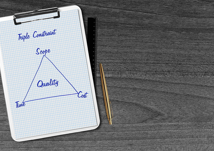 Triple Constraint Triangle Diagram on Clipboard with Pen and Ruler