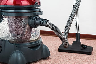 Red and black wet dry vacuum cleaner on pink carpet