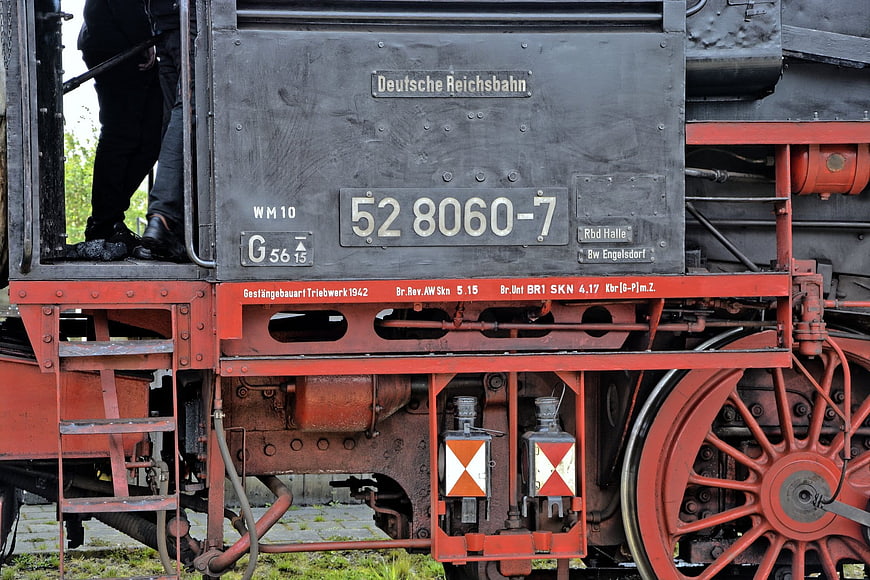 Close-up of vintage German steam locomotive details